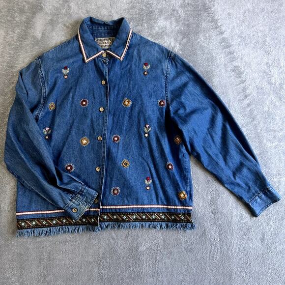 Tontrum Blues Denim Shirt M – 90s Western Artsy Embroidered - Picture 1 of 11
